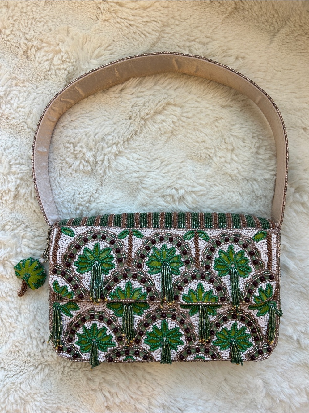 Embellished Beaded Palm Motif Shoulder Bag in Green, Brown, and Cream